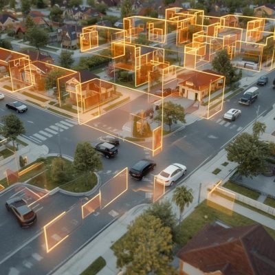 I want a beautiful 3D computer vision image that detects things like cars, bicycles, houses people, let there be like a square to detect objects. I want a beautiful 3D computer vision image that detects things like cars, bicycles, houses people, let there be like a square to detect objects.